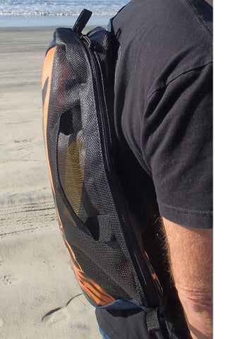 close up photo of bodysurfing bag on back of bodysurfer
