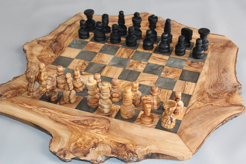 engraved olive wood rustic chess set, custom natural edge