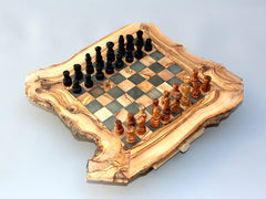 Engraved Olive Wood Rustic Chess Set, custom natural edge personalized chess board - Small Size / Dad gift, Birthday gift