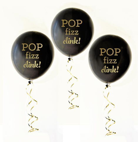 Black & Gold POP FIZZ CLINK Party Balloons (set of 3)-Jubilee Favors