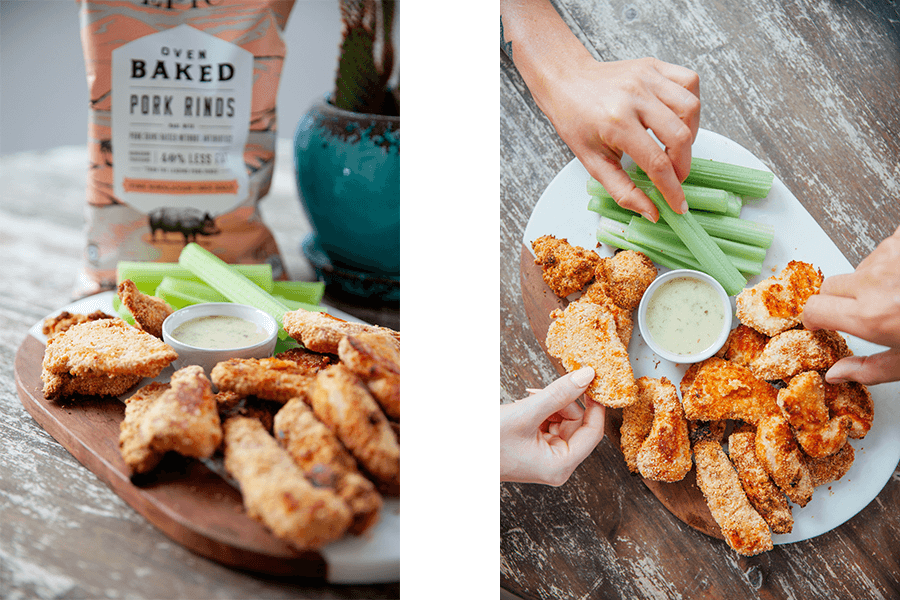 Side to side images of chicken strips breaded with epic provisions pink himalayan baked pork rinds