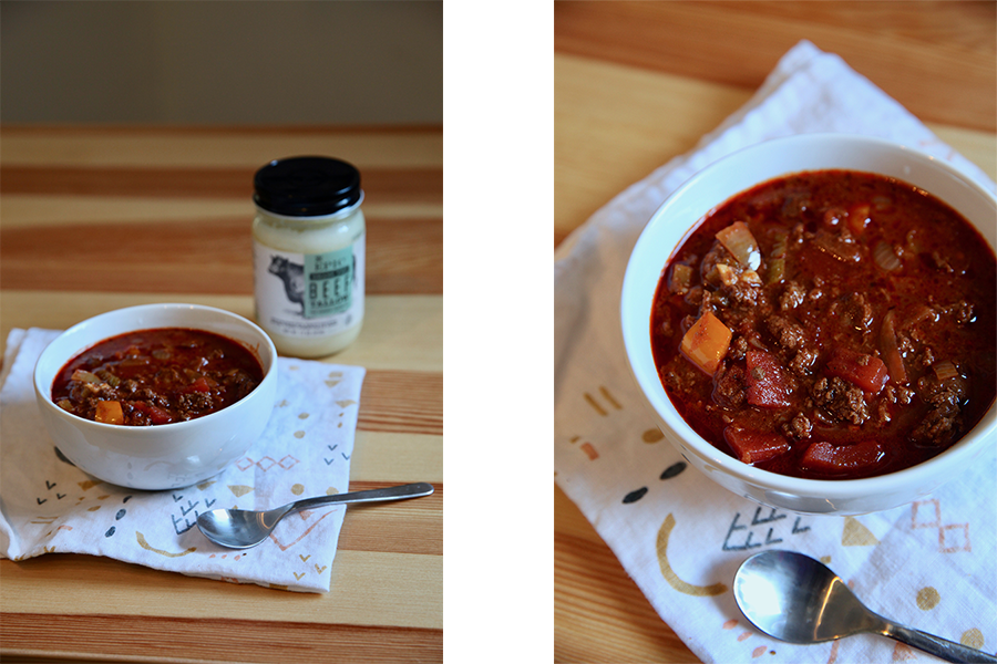 Split image of a bowl of chili displayed on a table next to EPIC Beef Tallow