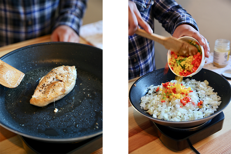 Side by side image of a chicken breast cooking in a skillet and bell peppers be added to riced cauliflower in a skillet.