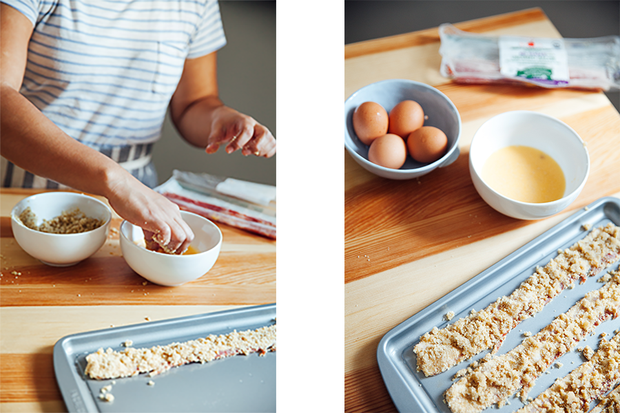 Side by Side images of bacon being coated with epic jalapeno pork cracklings, almond flour, eggs and water.