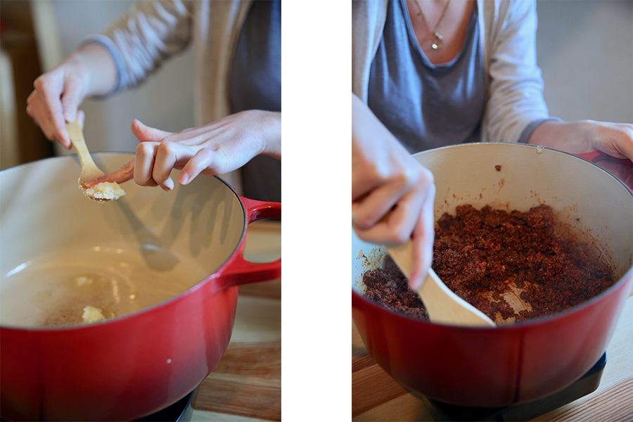 Split image of EPIC Beef Tallow being added to a dutch oven and ground meat being mixed in a dutch oven