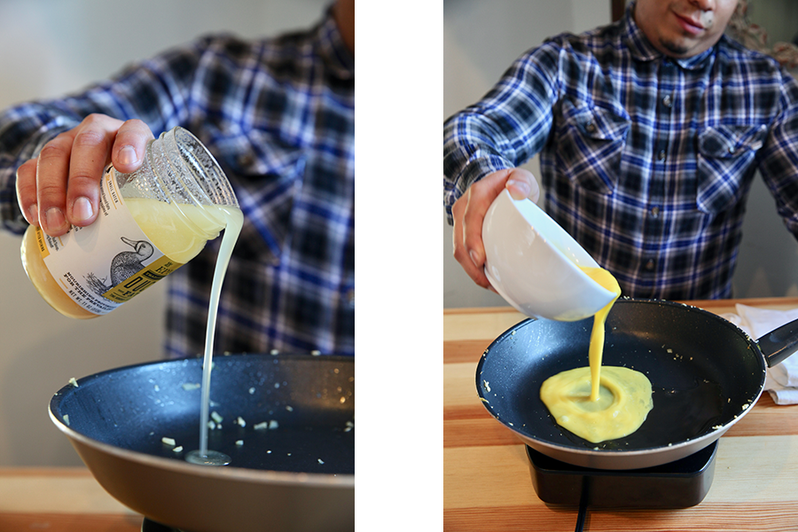 Side by side image of EPIC Duck Fat and eggs being added to saute pan.