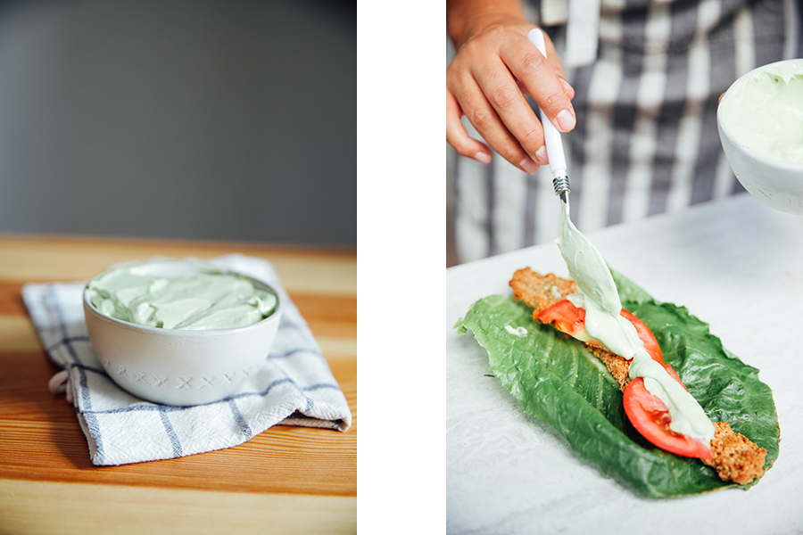 Side by side image of avocado lemon aioli and the aioli being added to the wrap.