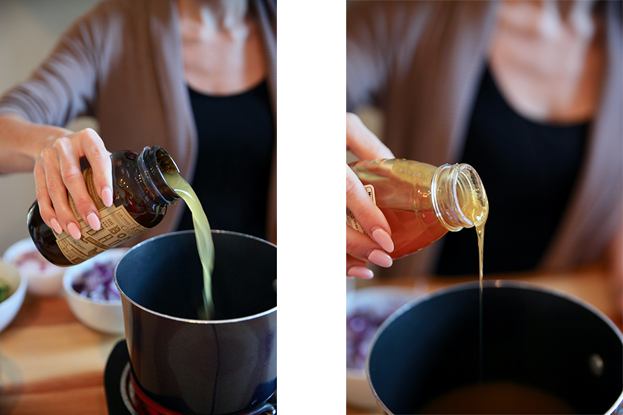 Side by side image of epic chicken broth and honey being added to a medium sauce pan.