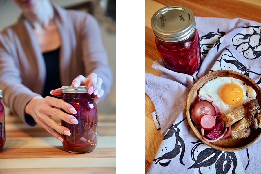 side by side image of the final jar of pickled vegetables and a plate of pickled vegetables, sunny side up egg and pork belly.