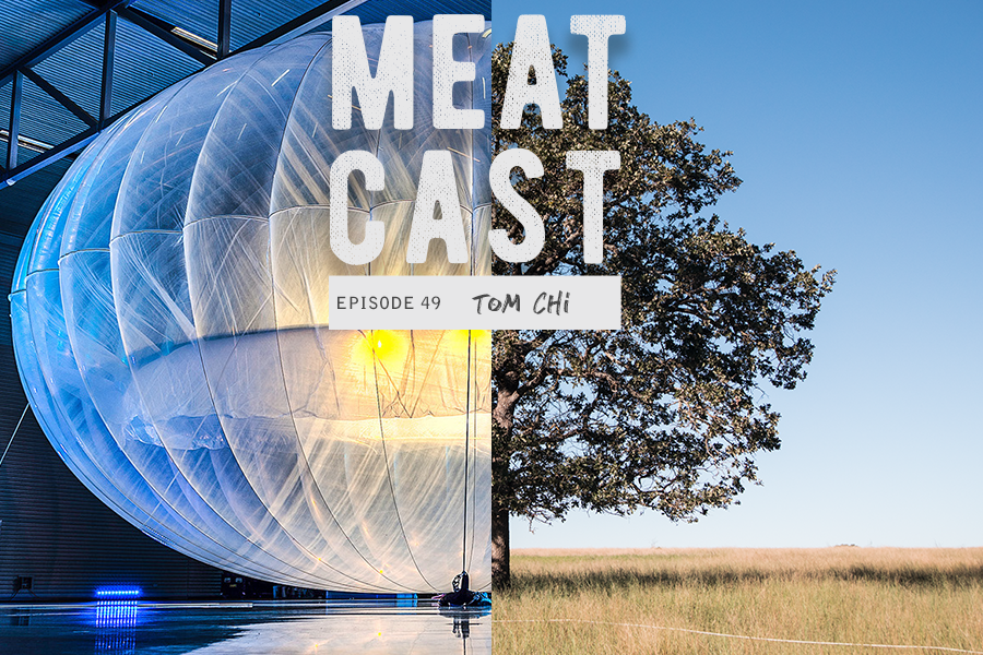 Split image with tech lab on left and tree on right with text "Meatcast episode 49"