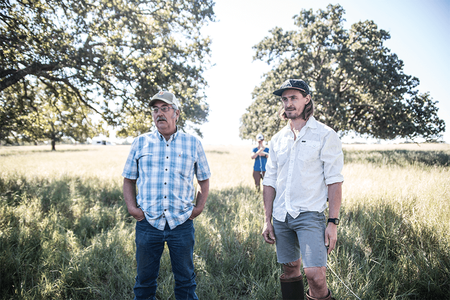 Two men standing in brightly lit field 