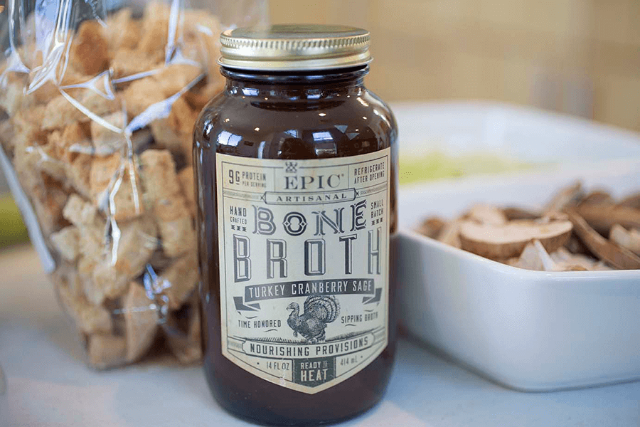 Jar of EPIC Turkey Bone Broth, breading and mushrooms.