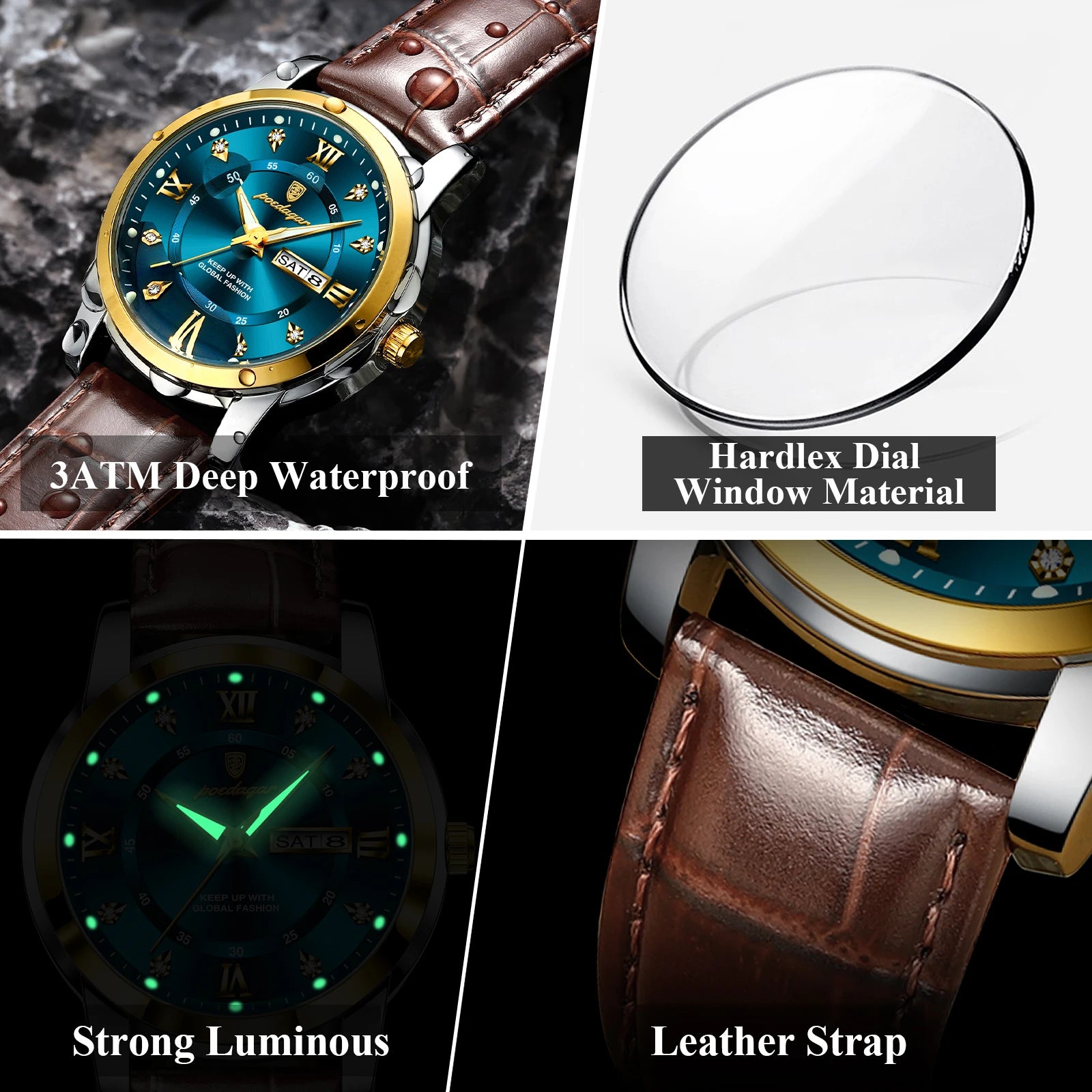 Montre Homme POEDAGAR – Luxe, Affaires, Étanche, Lumineuse, Date & Jour, Cuir, Quartz Sport