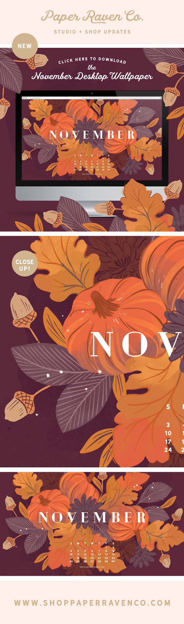 Free November 2018 Illustrated Desktop Wallpaper by Paper Raven Co. // www.ShopPaperRavenCo.com