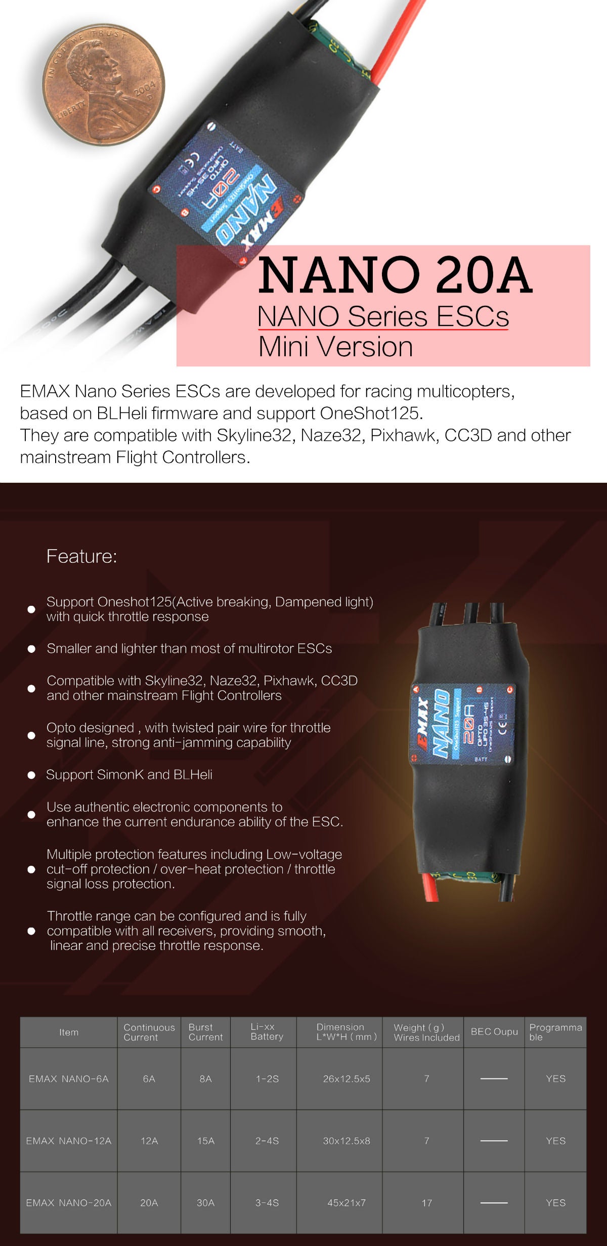 Emax Nano Series 20A ESC for Multirotor (support OneShot125 Active Braking)