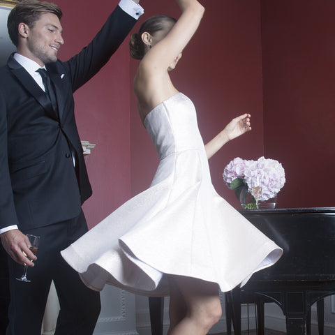 first dance dress little white dress for bride rose gold wedding reception strapless twirling dress that twirls