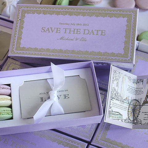 Momental Designs and Laduree Macaron custom invitation save-the-date collaboration