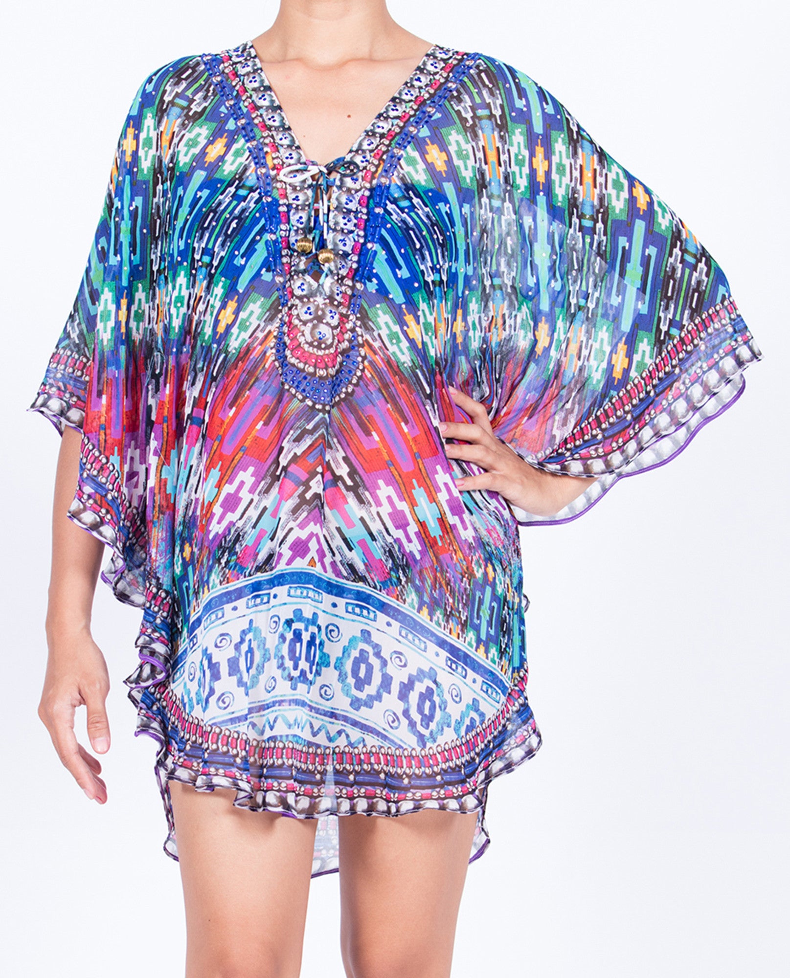 Indian Inspired Short Curved Hem Kaftan - Multi Blue / Pink Tribal Motif