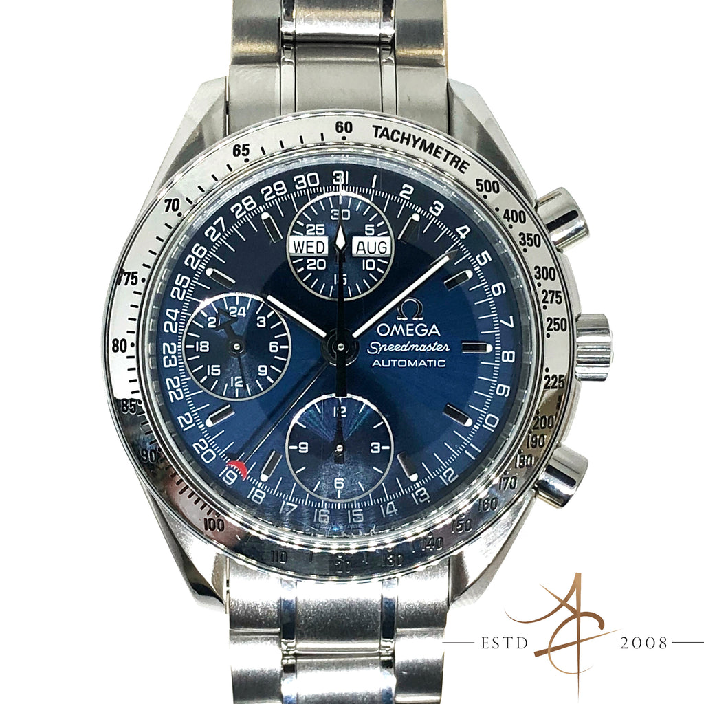 omega speedmaster triple date blue dial