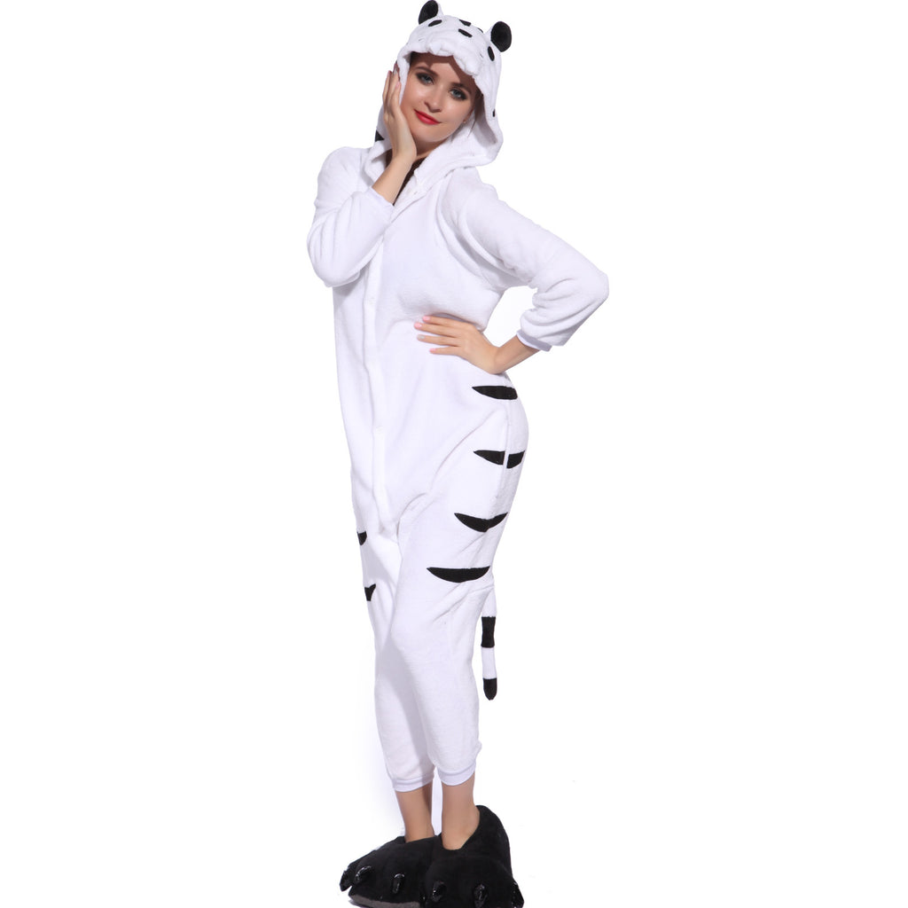 Unisex Adult Onesies Kigurumi Animal Pajamas White Tiger Jumpsuit