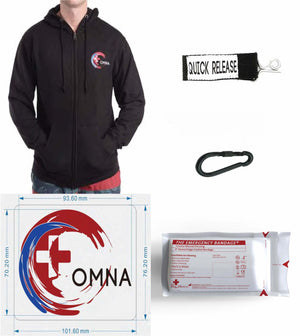 OMNA Accessories & Apparel - quick releases, marine carabiners, emergency pressure dressings, stickers, hoodies, hats, shirts.