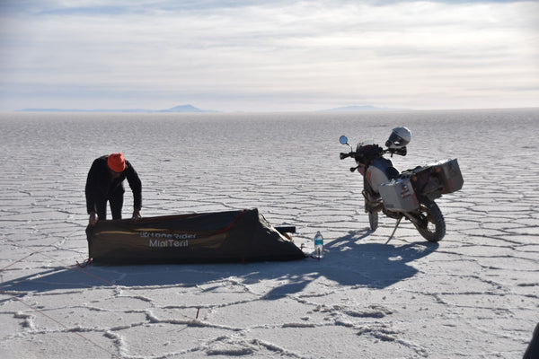 MiniTent and KLR650 in the Bolivian Salt Flats