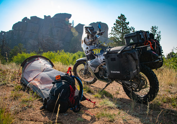 My Lone Rider MiniTent and MotoBags-equipped Omega 701 at my camp in Southern Wyoming. 