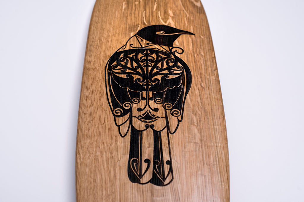 Tui laser etched design onto sustainably sourced macrocarpa by Indigo Greenlaw for The Paper Rain Project