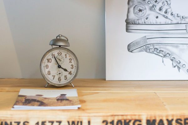 Our fit out - foraged second hand store Clock with the 'Sole Mates' print by Hannah Starnes.