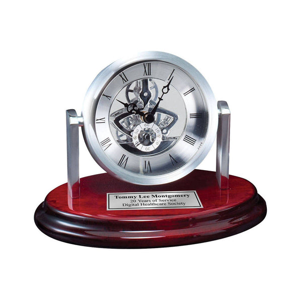 Engraved Desk Clock Da Vinci Gear Dial On Cherry Base With Silver Engr