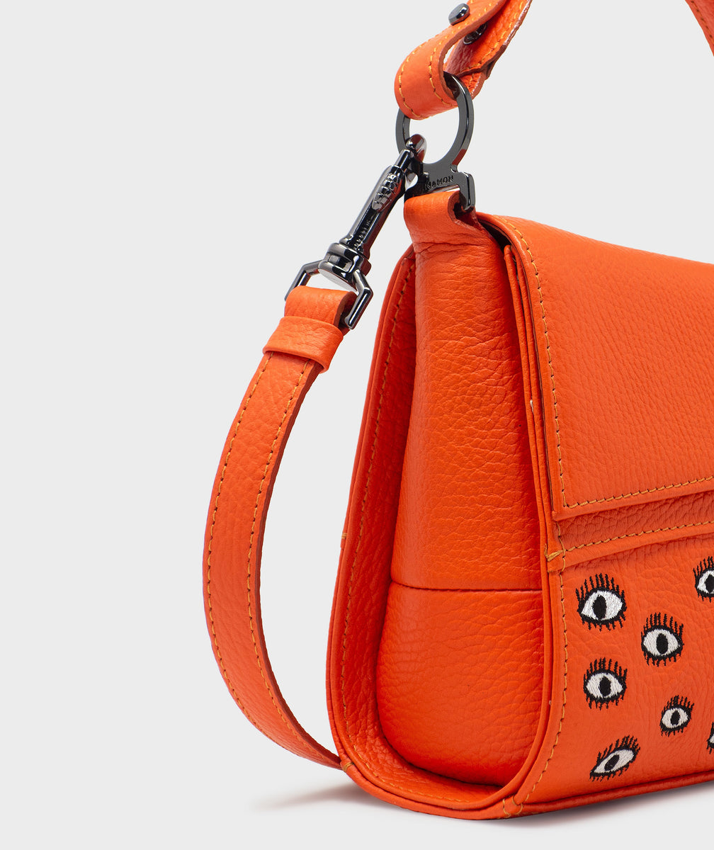 Crossbody Handbag Neon Orange Leather - Eyes Embroider – Mon