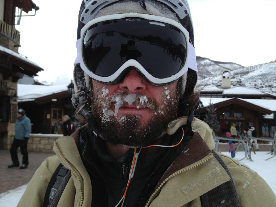 snowboarding goggles frozen beard 
