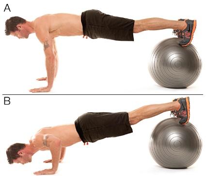 Stability ball pushups with feet on the ball and hands on the floor