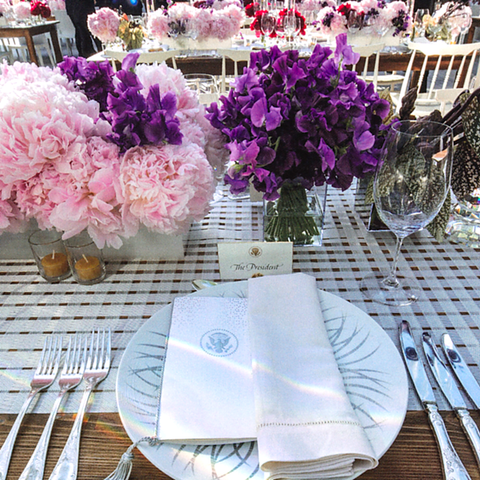 Purple flowers in an AMAC box at the Nordic State Dinner in May, 2016