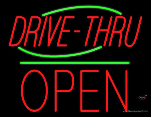 Drive-Thru Block Open Green Line Real Neon Glass Tube Neon Sign