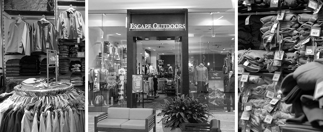 A triptych of black and white photos depicting the interior and exterior of an Escape Outdoors brick and mortar location showcasing many of the clothing items we carry.
