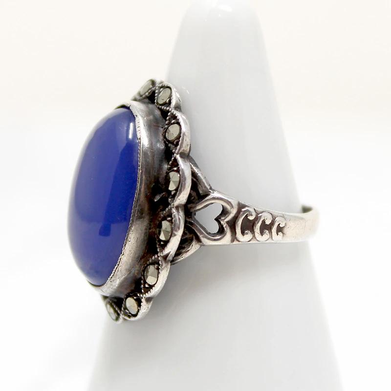 Sterling Silver Blue Chalcedony Art Deco Inspired Engagement Ring 