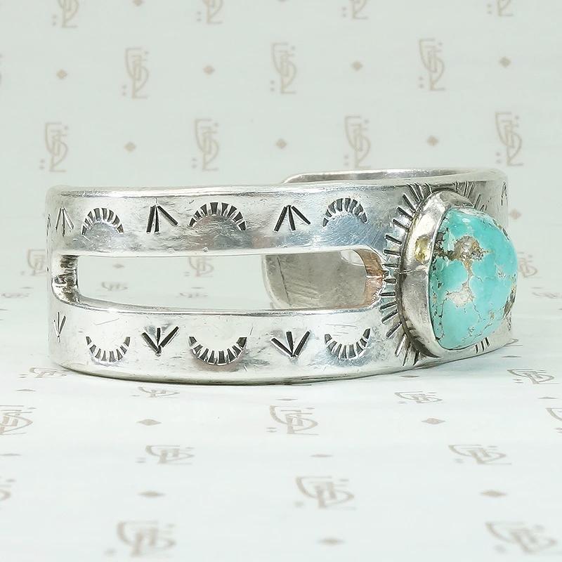 Unusual Navajo Silver Cuff with Turquoise & Rockers