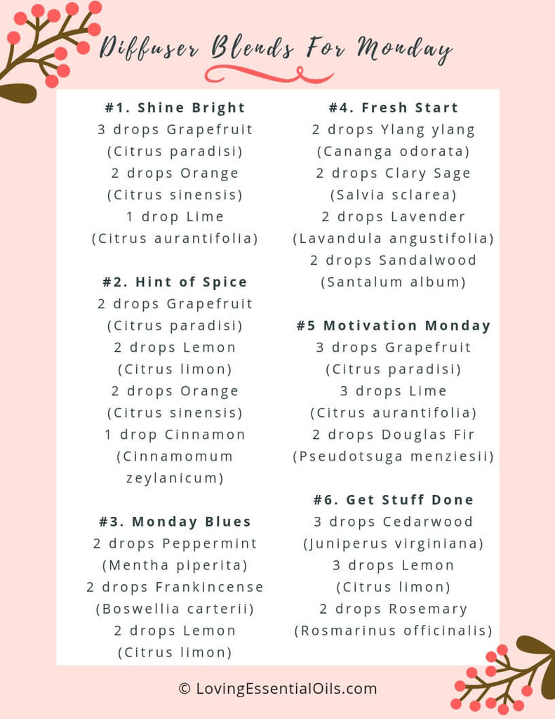diffuser blends for monday by loving essential oils - free printable pdf