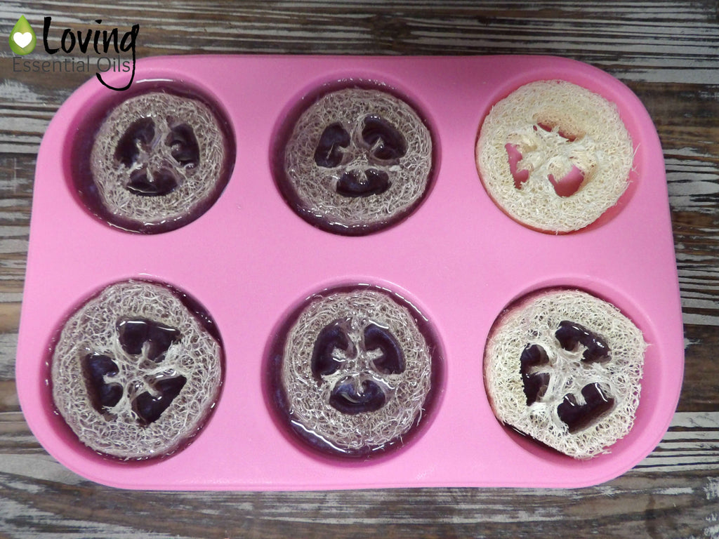 homemade lavender loofah soap bars with essential oil by Loving Essential Oils