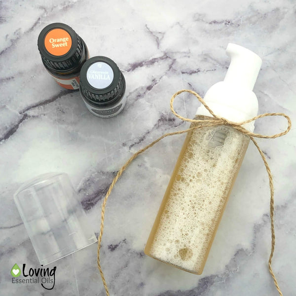 Homemade Foaming Hand Soap Recipe with Essential Oils and Glycerin - Kid Friendly by Loving Essential Oils | Orange Essential Oil & Vanilla Absolute