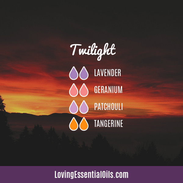 Patchouli Diffuser Blend Recipes - Deep Relaxation & Confidence by Loving Essential Oils | Twilight with lavender, geranium, patchouli, and tangerine