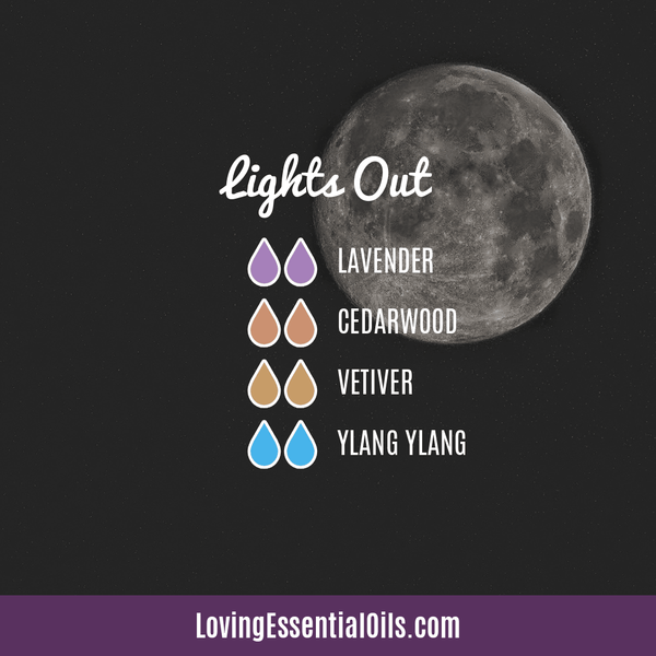 Ylang Ylang Diffuser Recipes by Loving Essential Oils | Lights Out with lavender, cedarwood, vetiver, and ylang ylang