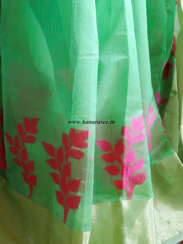 Banarasee Chanderi Cotton Broad Border Leaf Buti- Green