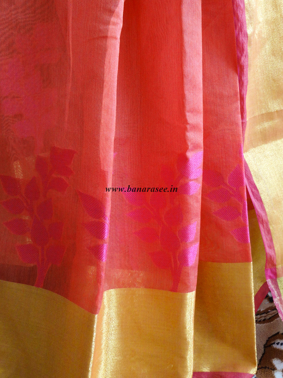 Banarasee Chanderi Cotton Broad Border Leaf Buti-Red