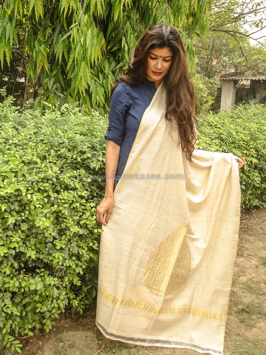 Banarasi Muga Silk Ivory Handloom Dupatta