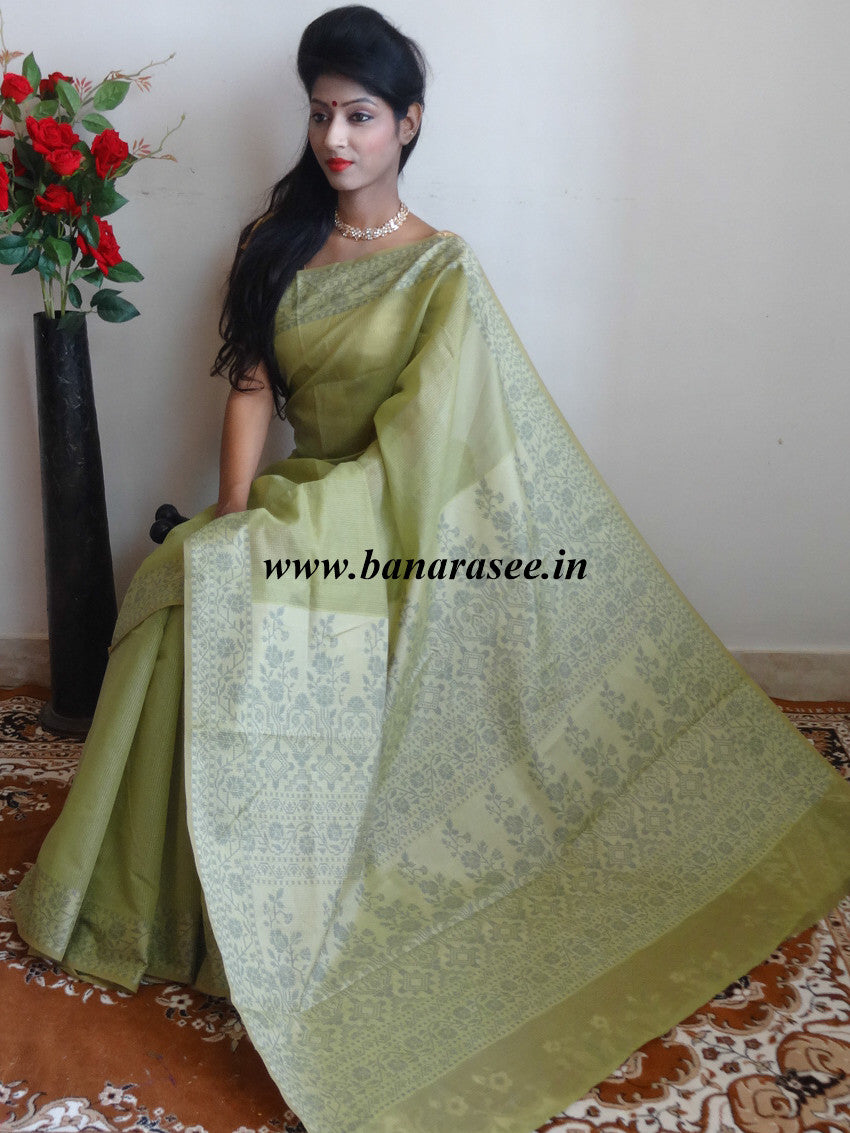 Banarasi Cotton Silk Mix Saree With Floral Woven Design-Pastel Green