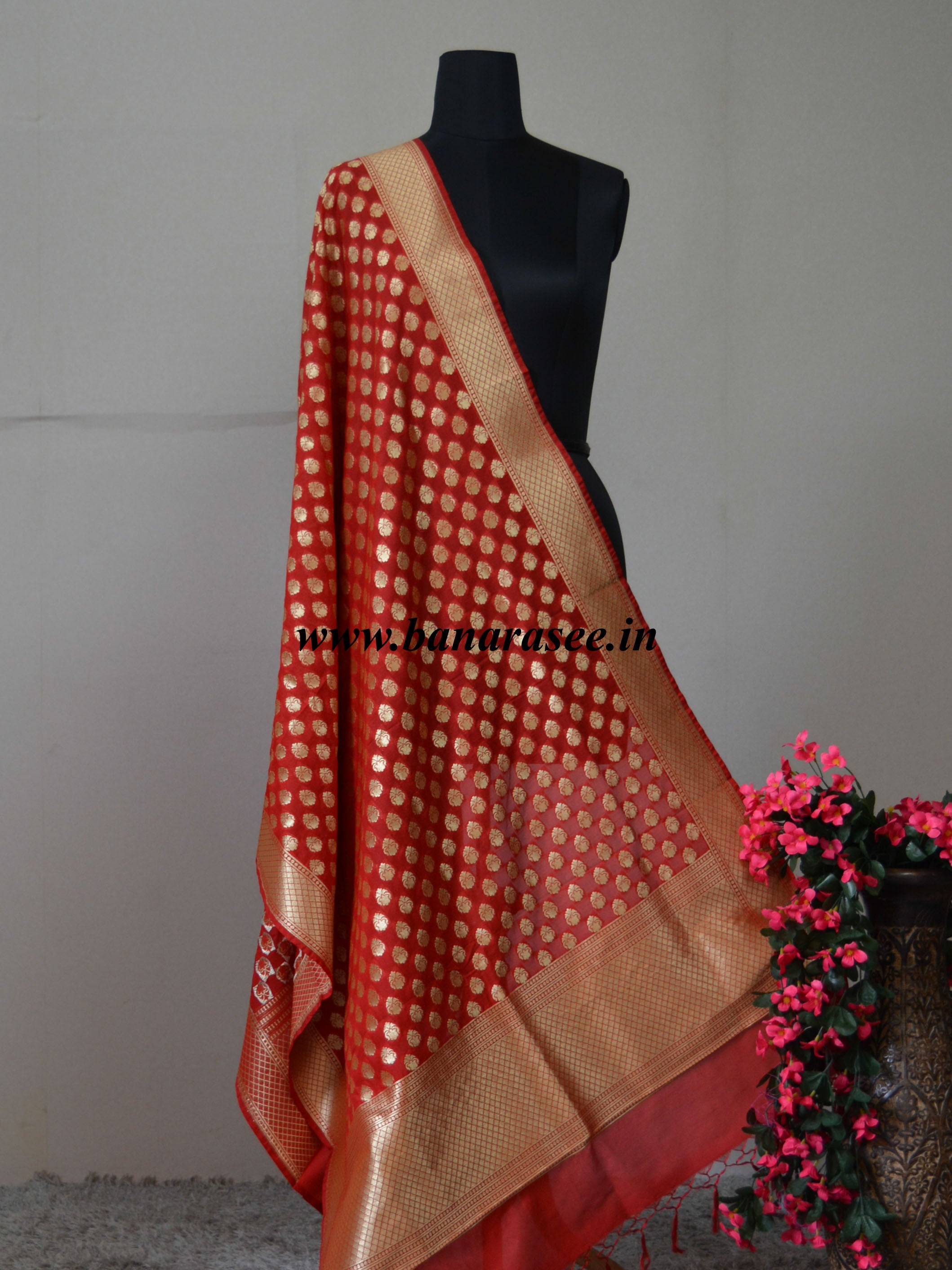 Banarasee Art Silk Dupatta Small Buti Design-Red