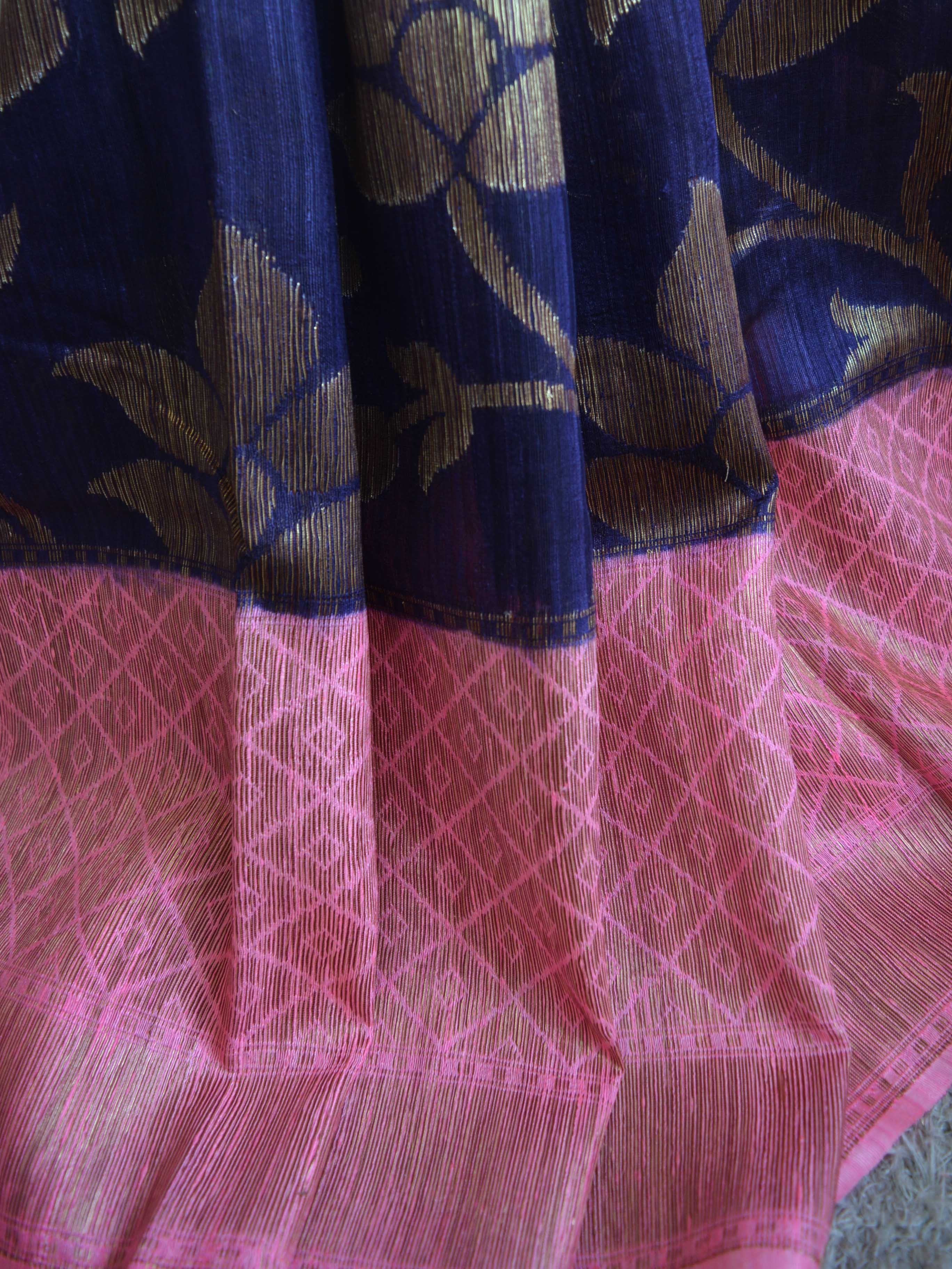 Banarasee Pure Handloom Dupion Silk Sari With Zari Jaal Design & Contrast Blouse-Blue With Pink