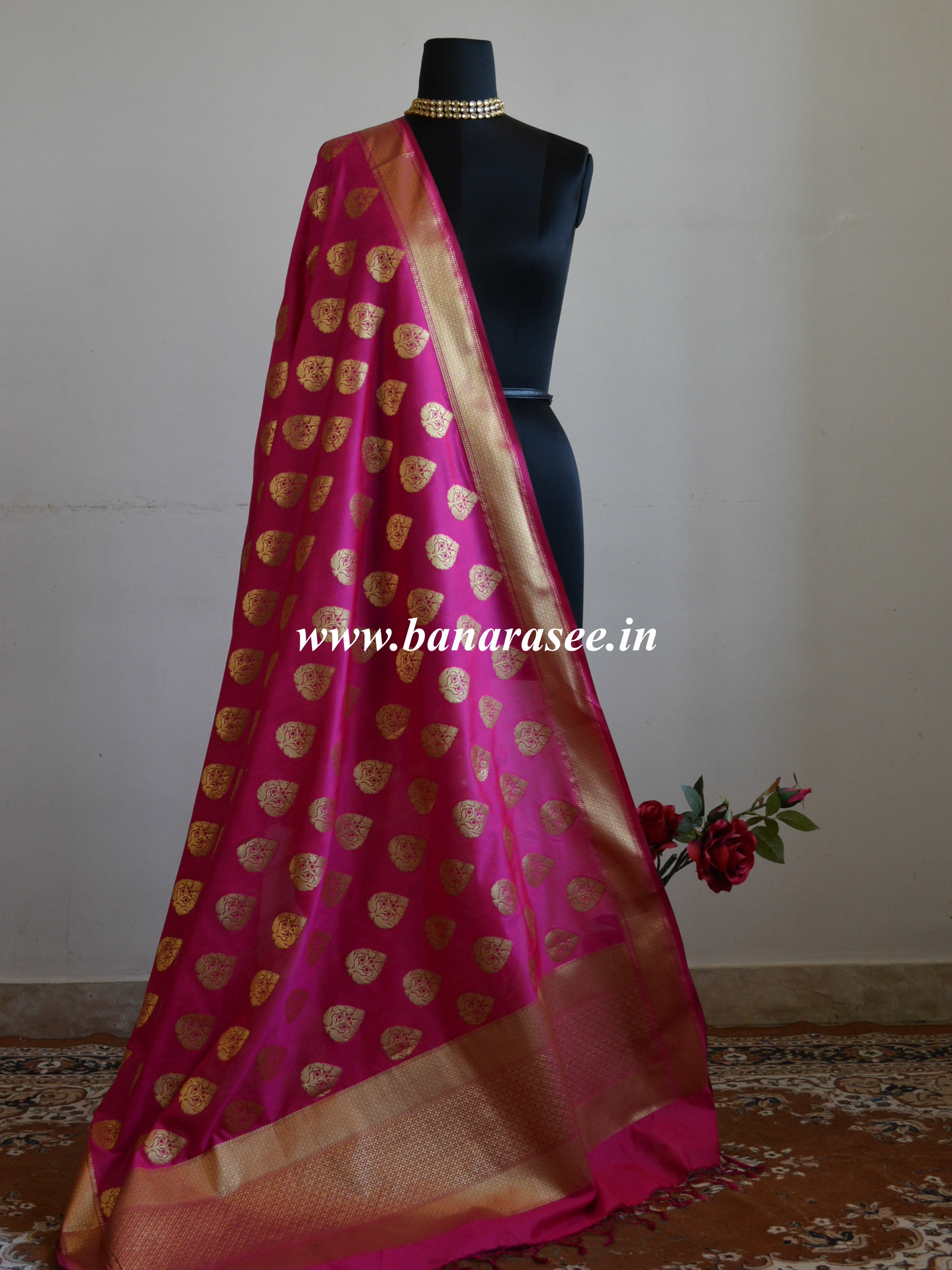 Banarasee Art Silk Dupatta With Drop Motif Design-Hot Pink
